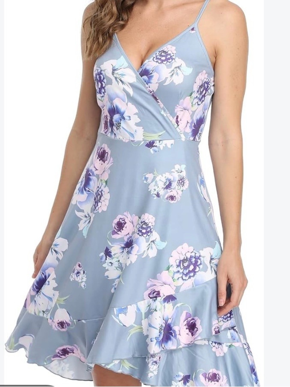 Amazon One-Shoulder Floral Wrap Dress in Light Blue and Lavender
